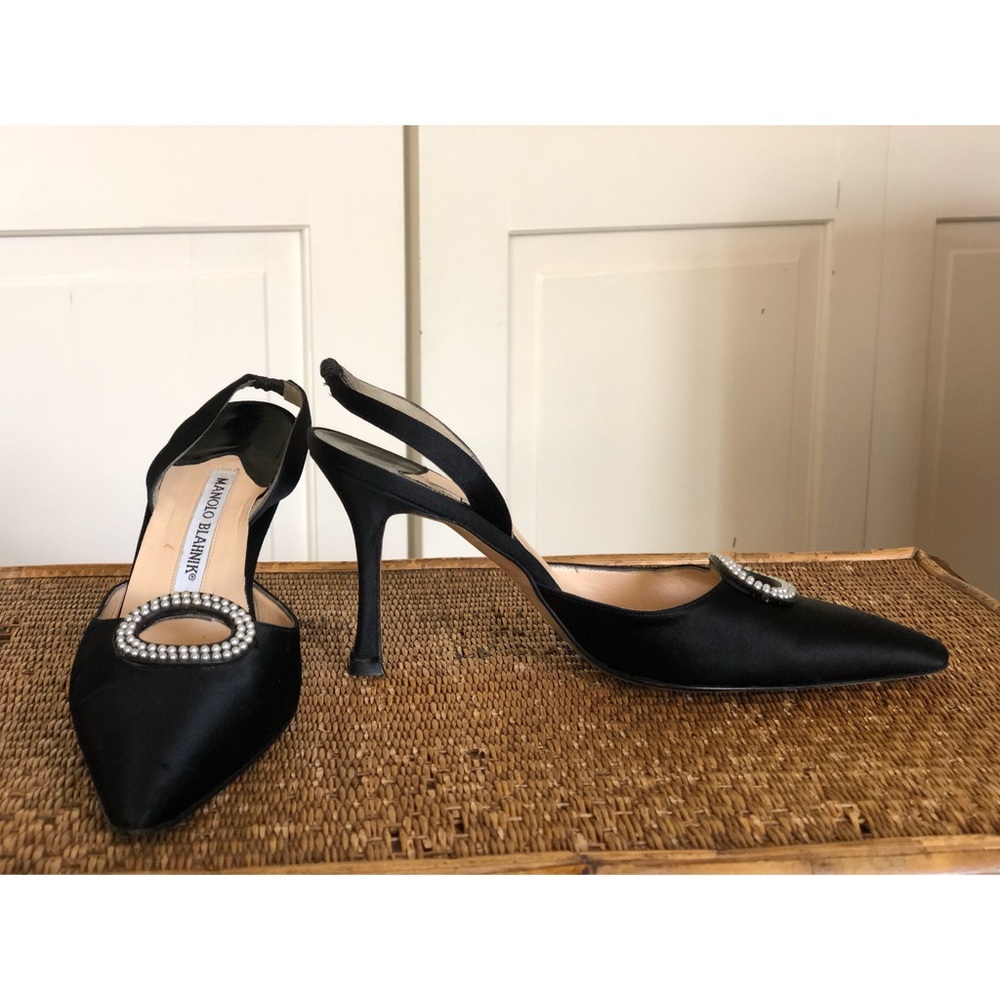 Black Satin Slingback Heels with Rhinestone Detail